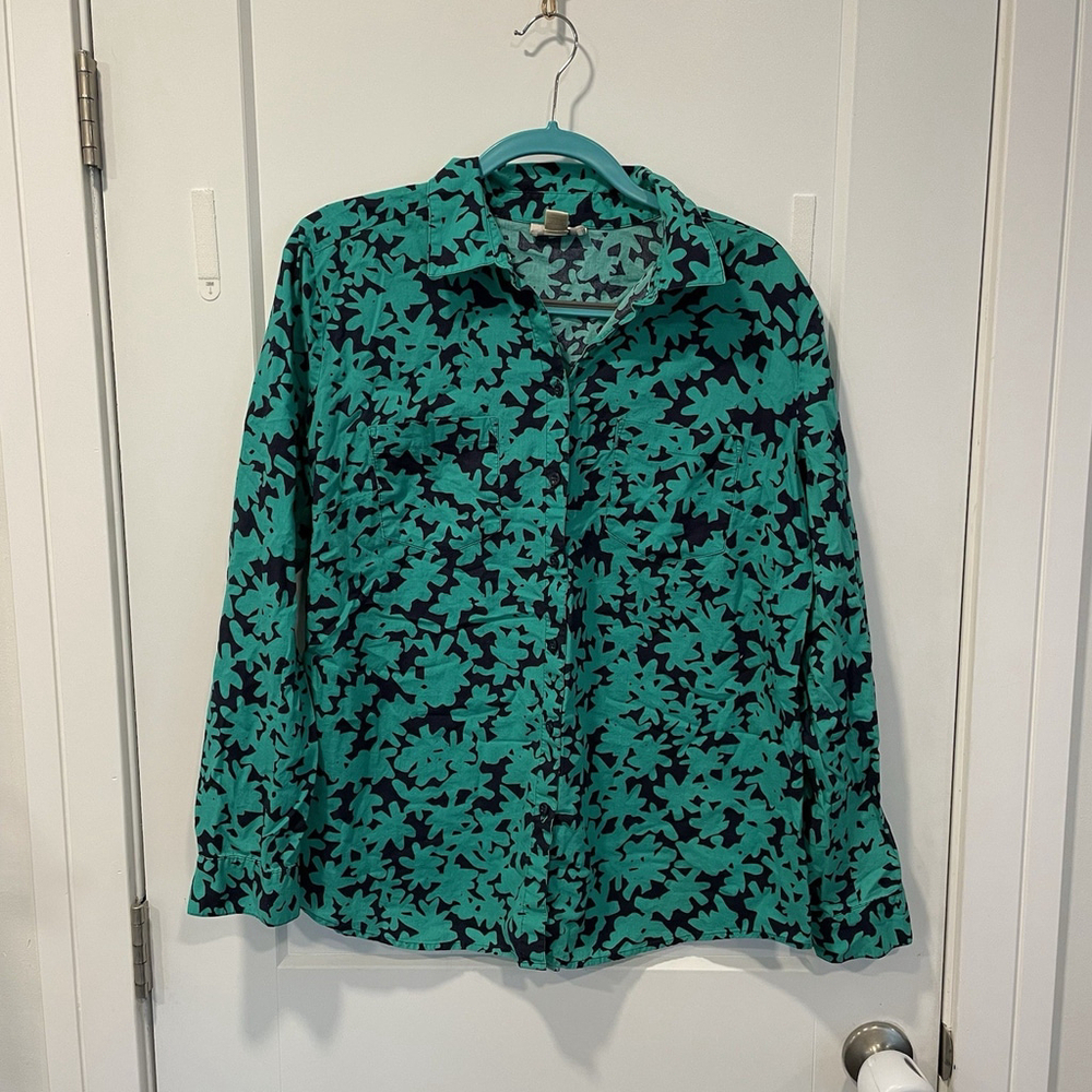 LOFT Button Down Shirt Sz Large Colorful Green Print Dressy Casual Work Office - Picture 2 of 7